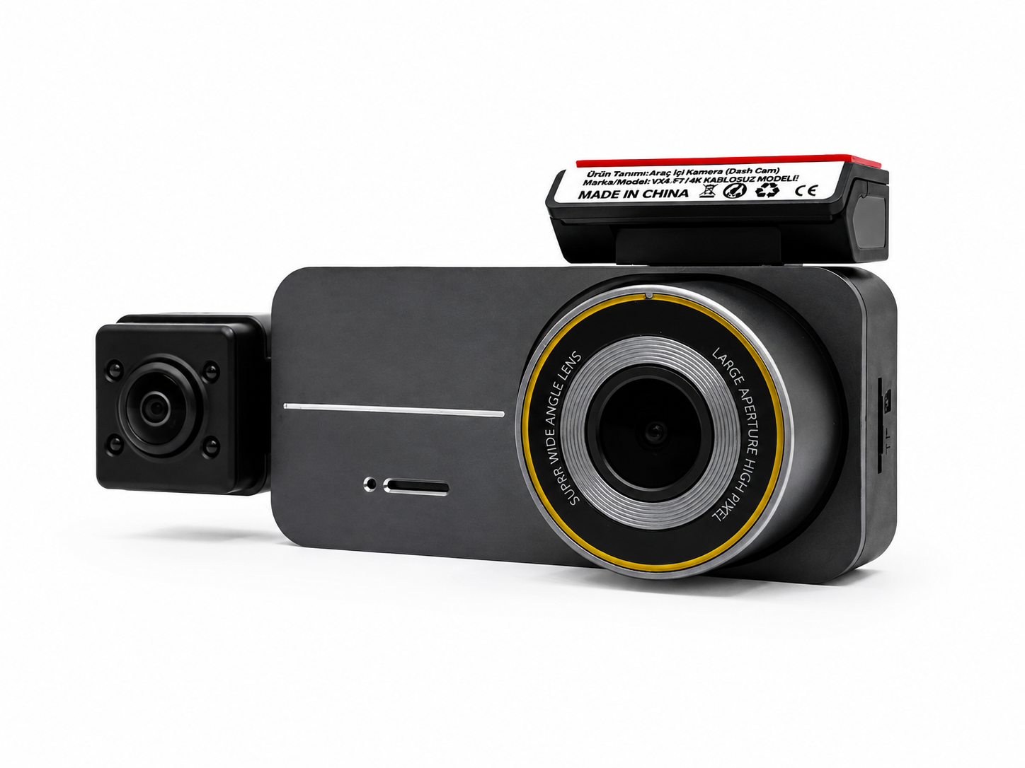 APOLLON VX2 açılı önden görünüm; ana lens, bağlı ikinci kamera ve ön cam aparatı