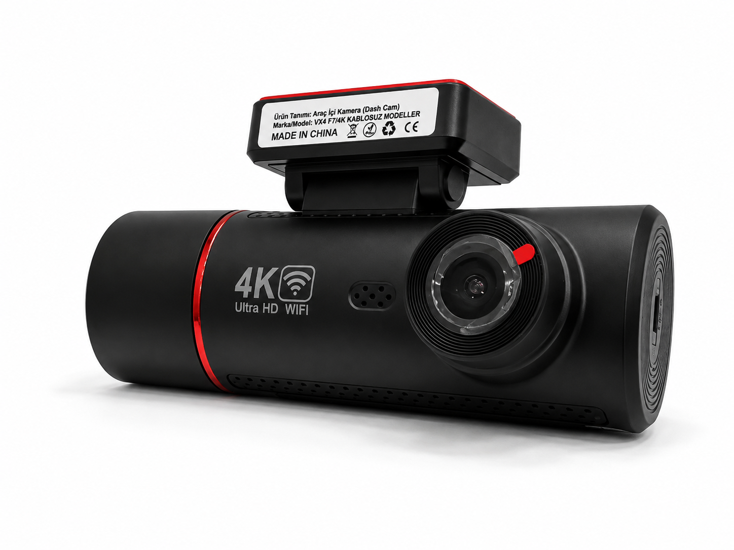 APOLLON VX5 ön kamerası ters açıdan; lens, mikrofon deliği ve 4K WiFi işareti