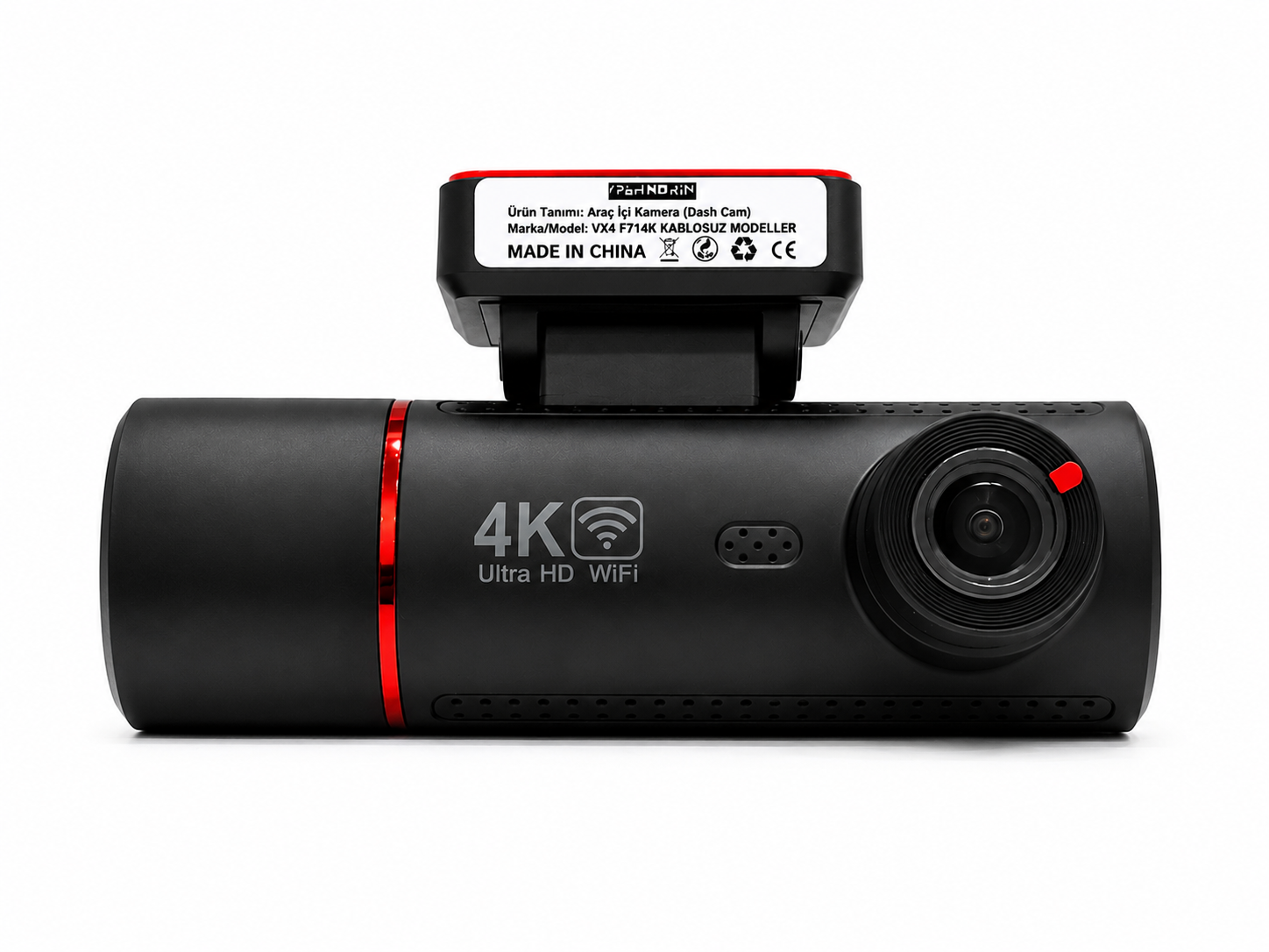 APOLLON VX5 ön kamerası; lens, 4K WiFi işareti ve ön cam aparatıyla önden görünüm