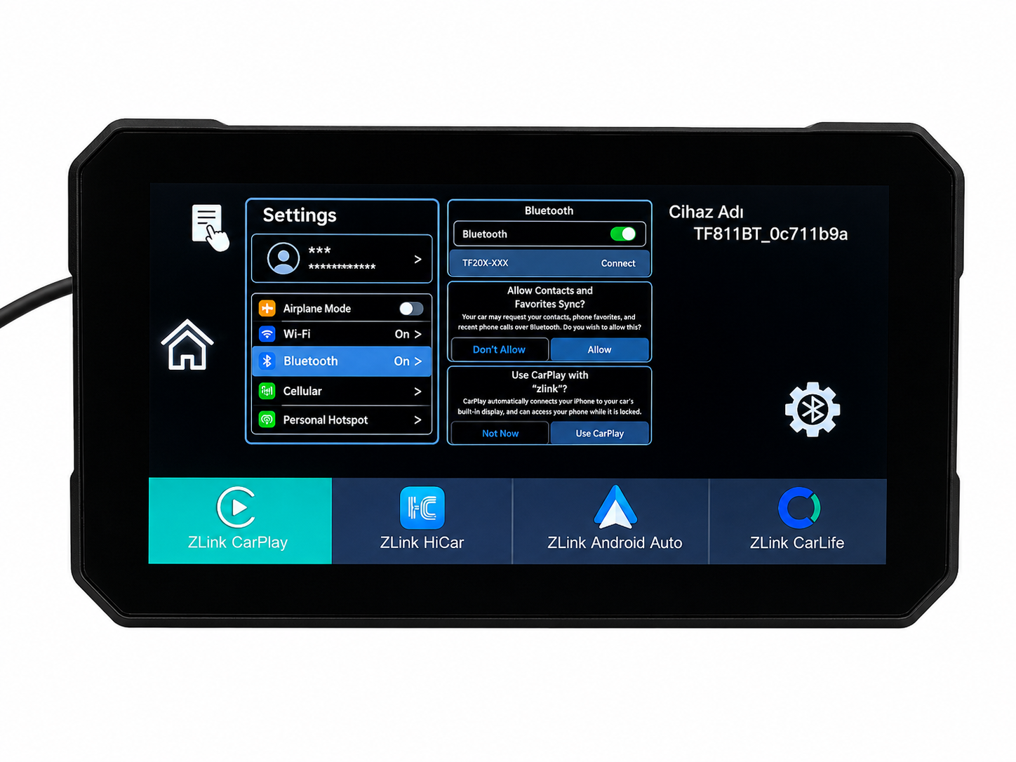 APOLLON RIDE ONE ayarlar ekranı; Bluetooth eşleştirme ile CarPlay ve Android Auto kısayol satırı