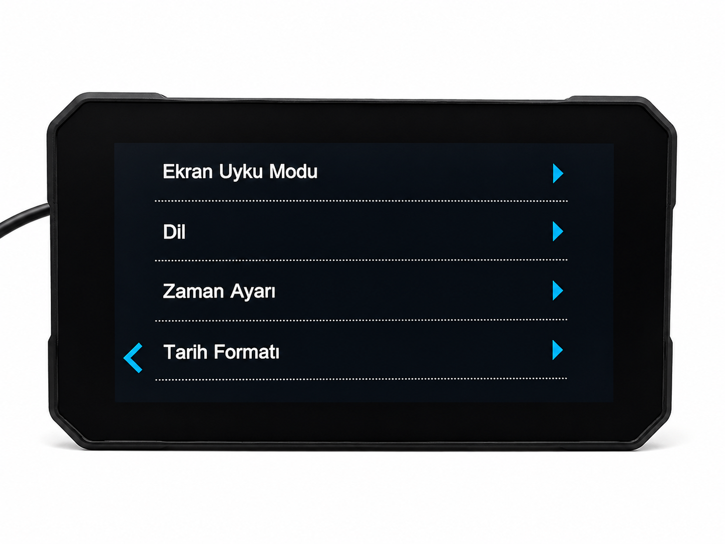 APOLLON RIDE ONE Türkçe ayarlar menüsü; ekran uyku modu, dil, zaman ayarı ve tarih formatı
