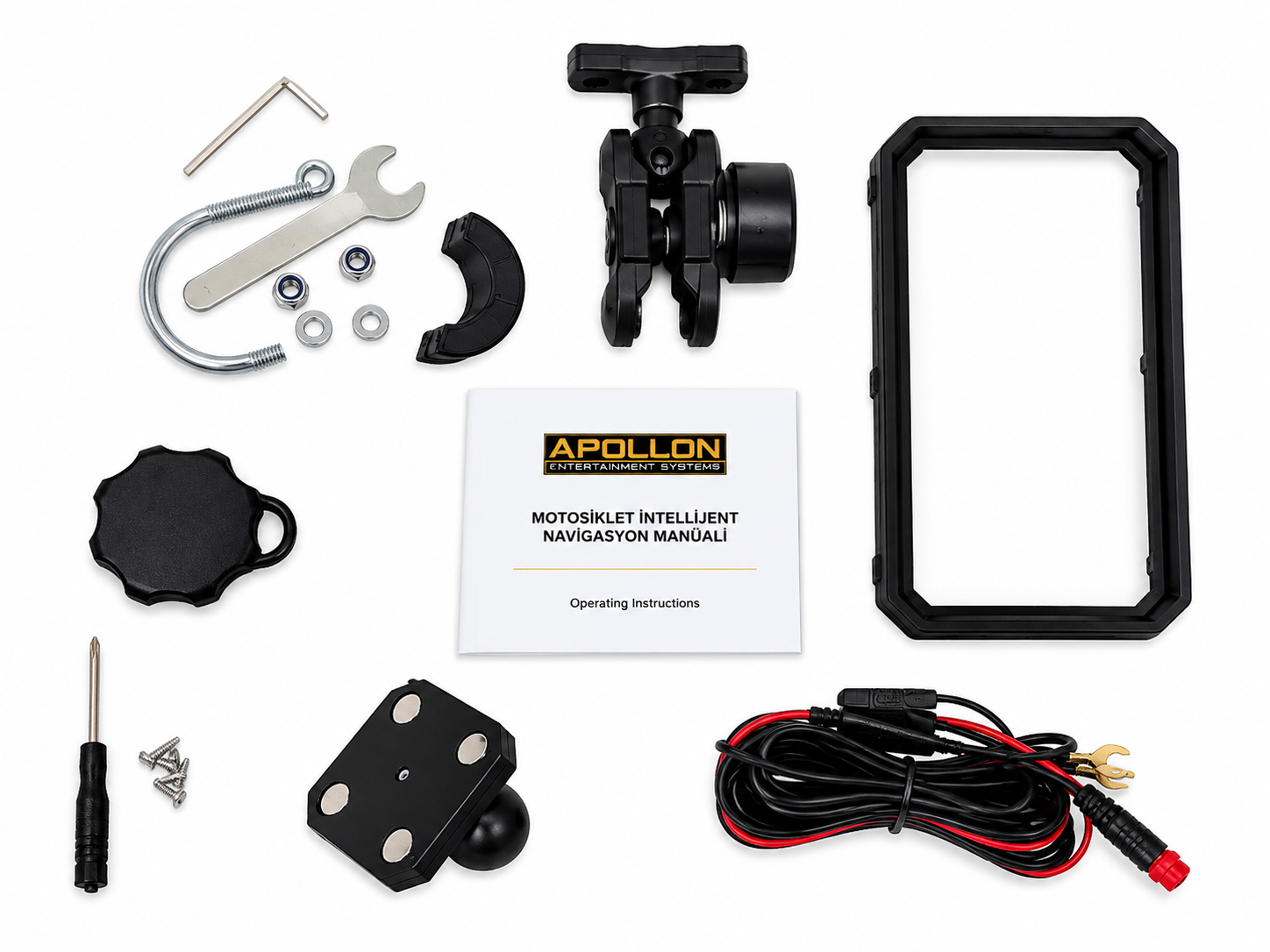 APOLLON RIDE ONE paket içeriği: gidon montaj donanımı, koruyucu çerçeve, güç kablosu, aparatlar ve Apollon kullanım kılavuzu