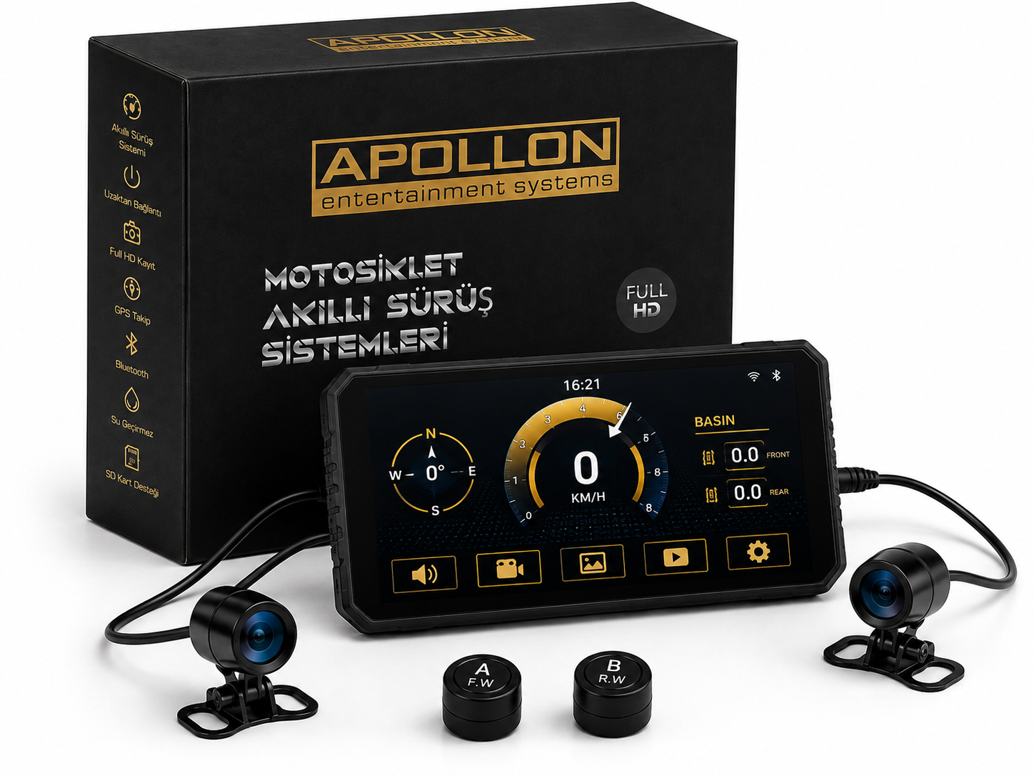 APOLLON RIDE VISION tam set: ekran, ön ve arka kameralar, lastik basınç sensörleri ve Apollon kutusu