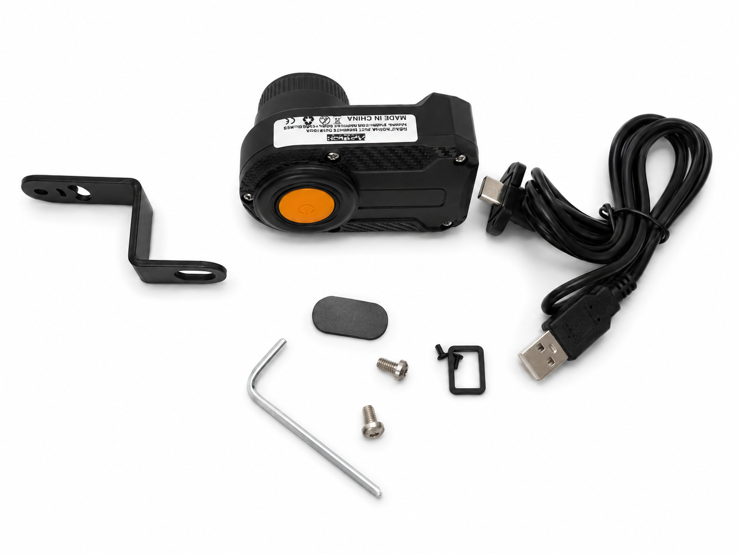 APOLLON RX ONE paket içeriği: kamera, montaj aparatı, USB-C kablo, vidalar ve aparatlar