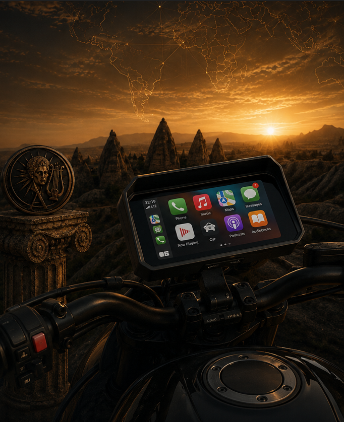 MotoPlay motorcycle display integrated into a connected riding cockpit